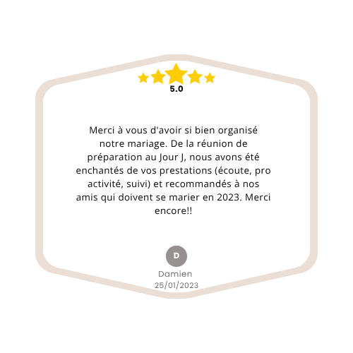 Avis client sur un mariage élégant organisé par Vany’s Weddings dans le Centre de la France.