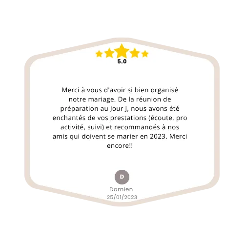 Avis client sur un mariage élégant organisé par Vany’s Weddings dans le Centre de la France.