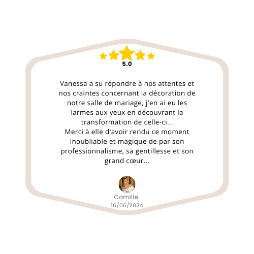 Avis client sur l’organisation élégante d’un mariage dans la région Centre par Vany’s Weddings.