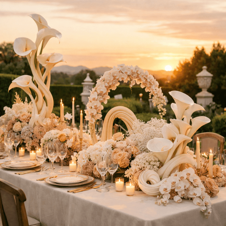 Outdoor dining table with sophisticated floral centerpieces and lit candles at sunset