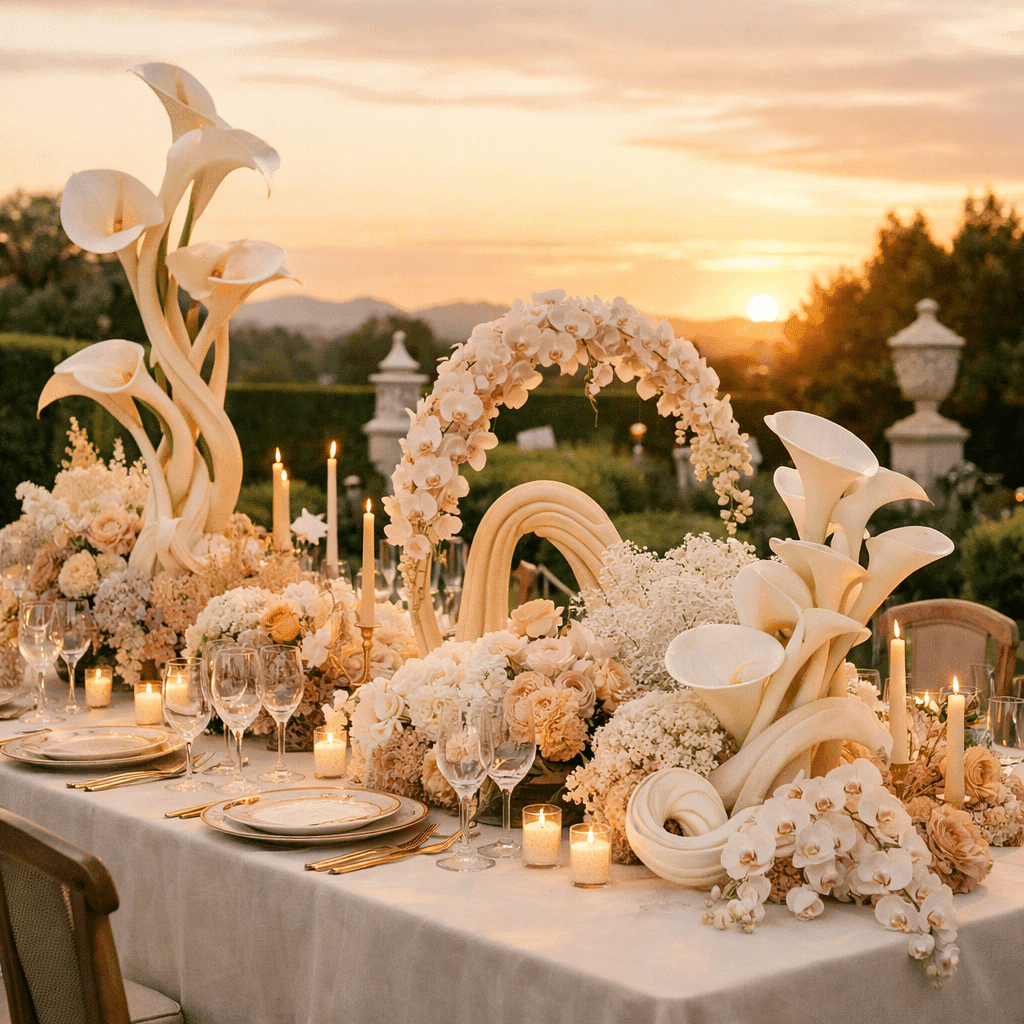 Outdoor dining table with sophisticated floral centerpieces and lit candles at sunset